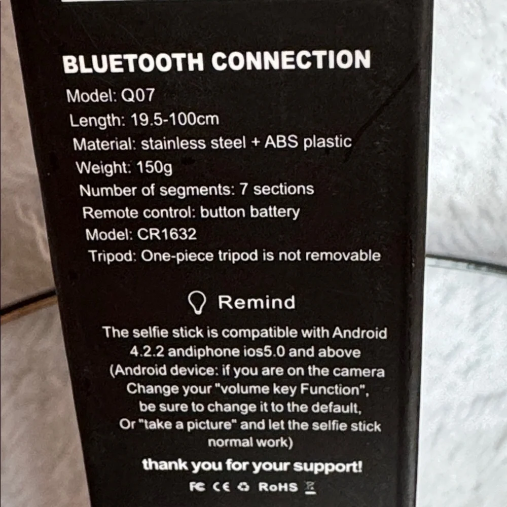 Selfie Stick Black Remote Control Tripod with Blue Tooth Connection